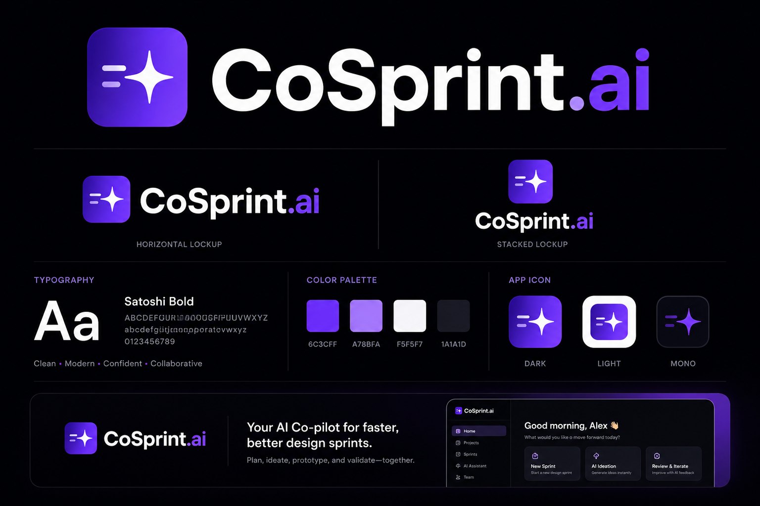 CoSprint brand board with logo lockups, Satoshi typography, color palette, and app icons