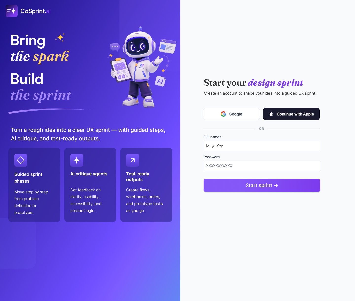 CoSprint sign-up screen: Bring the spark, build the sprint