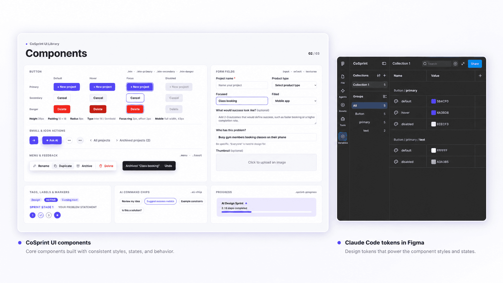 CoSprint button states and other components next to the matching variables in Figma