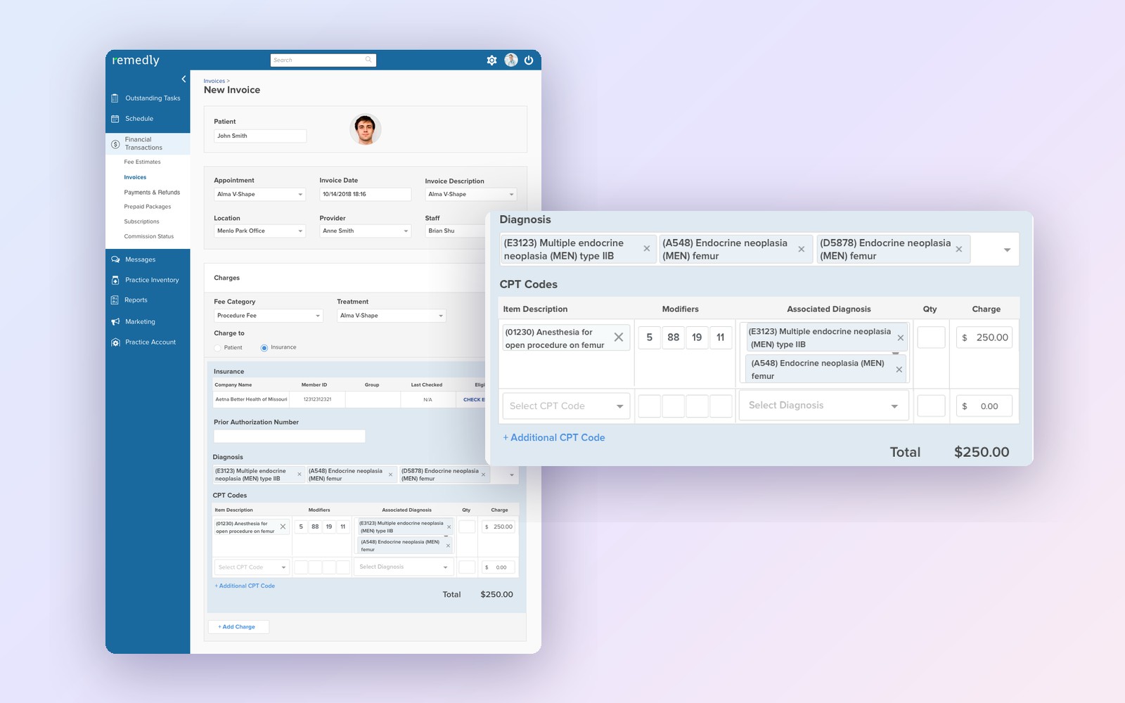 Remedly New Invoice screen with multiple diagnoses mapped to CPT codes