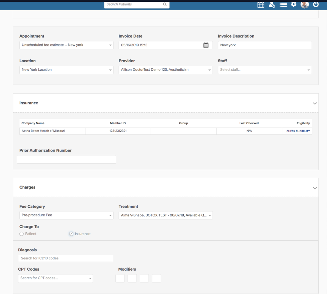 The original invoice screen, with a single Diagnosis search field, a single CPT Codes field, and one set of modifiers.
