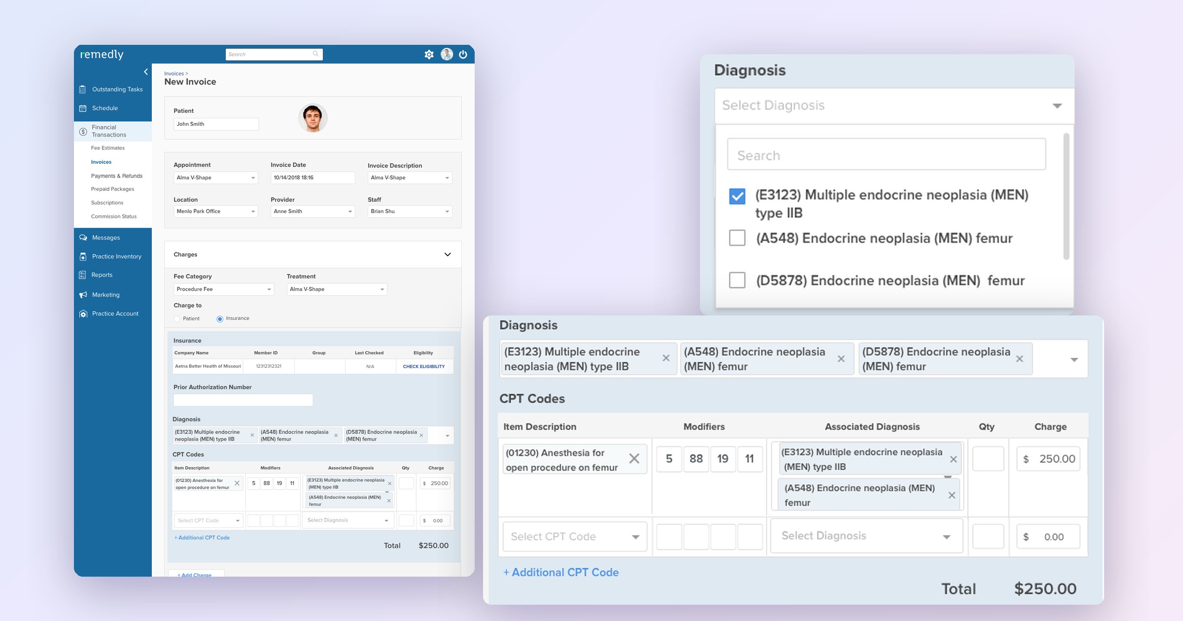 The redesigned Remedly New Invoice screen, with close-ups of selecting multiple diagnoses and mapping them to CPT codes
