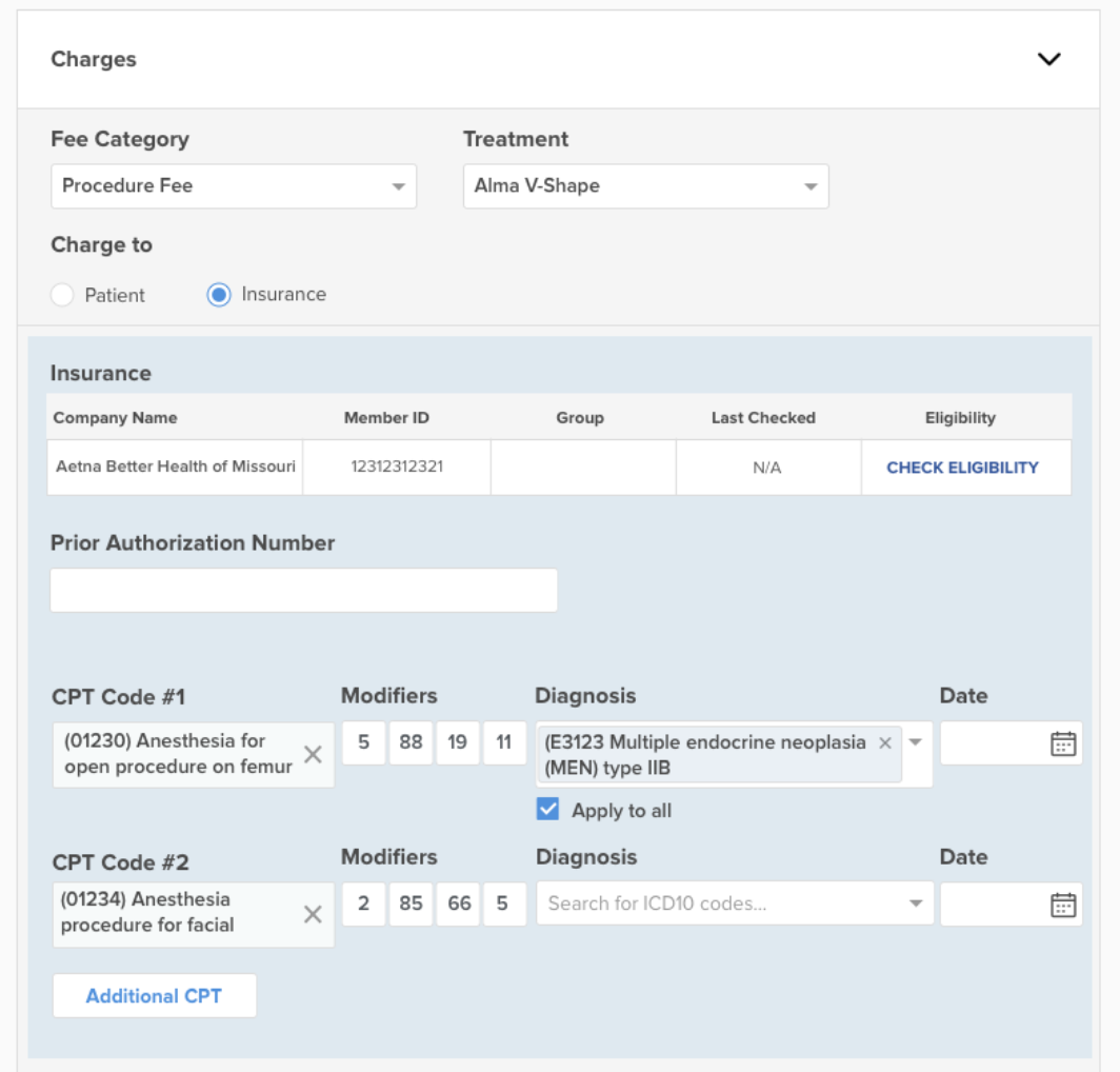Option A: numbered CPT code rows, each with modifiers, a diagnosis field with an Apply to all checkbox, and a date field.