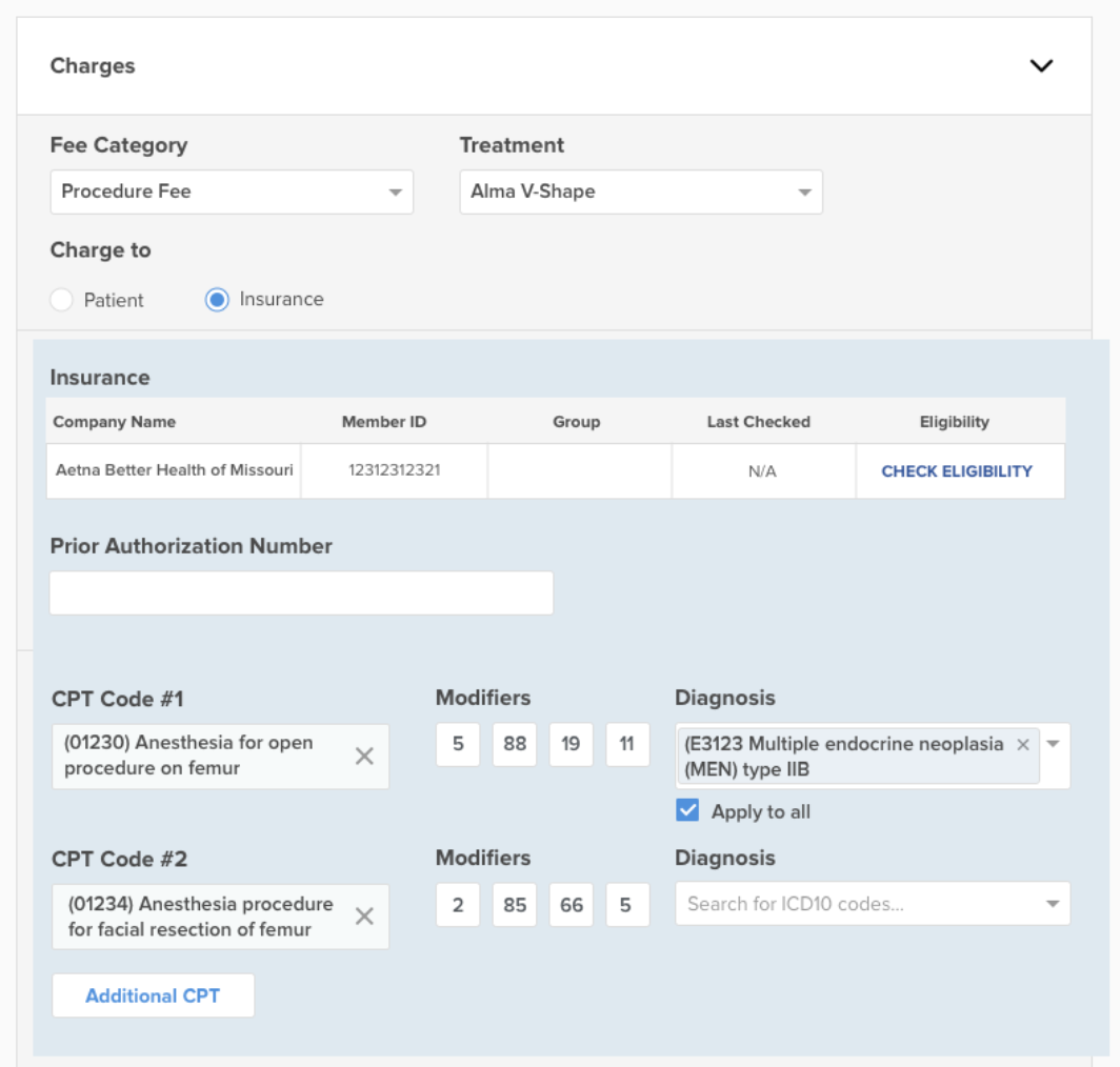 Option B: numbered CPT code rows with modifiers and a diagnosis field with an Apply to all checkbox, without a date field.