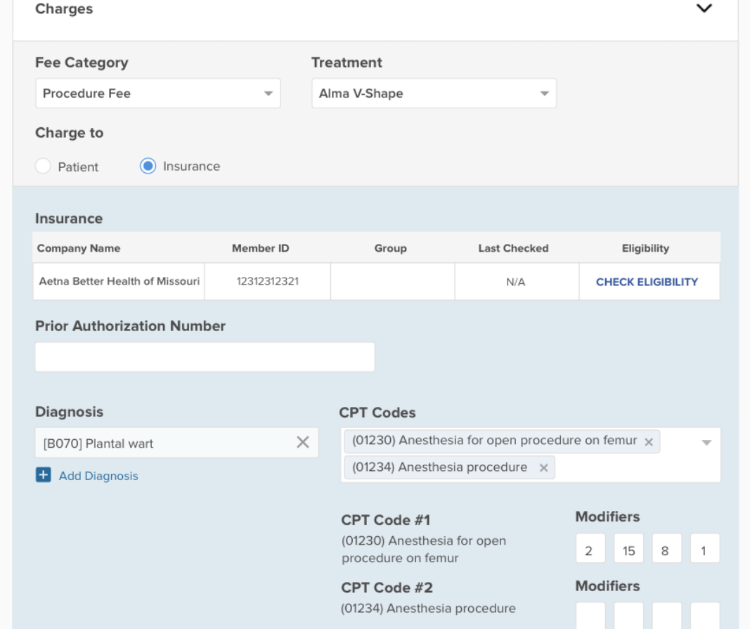 Option C, second variation: a diagnosis list with Add Diagnosis, a multi-select CPT field, and modifiers for each selected CPT code.