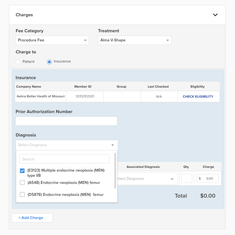 The Diagnosis dropdown open with a search field and checkboxes; one diagnosis is checked.