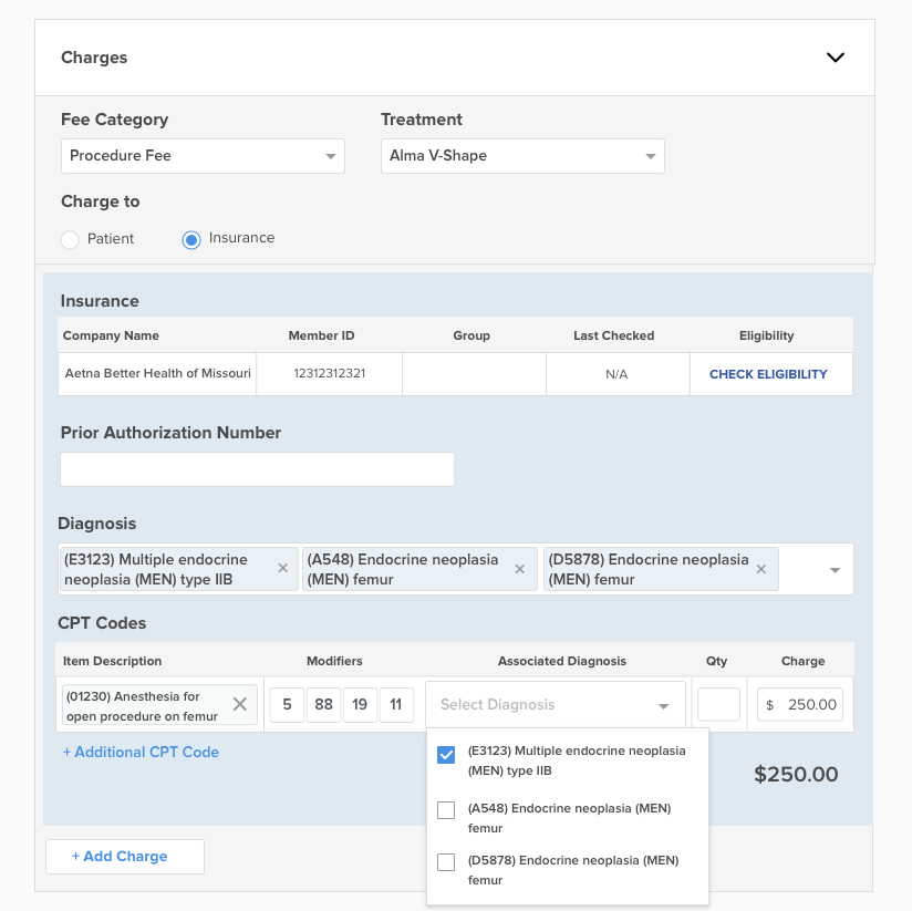 The Associated Diagnosis dropdown on a CPT line, listing the three diagnoses selected earlier.