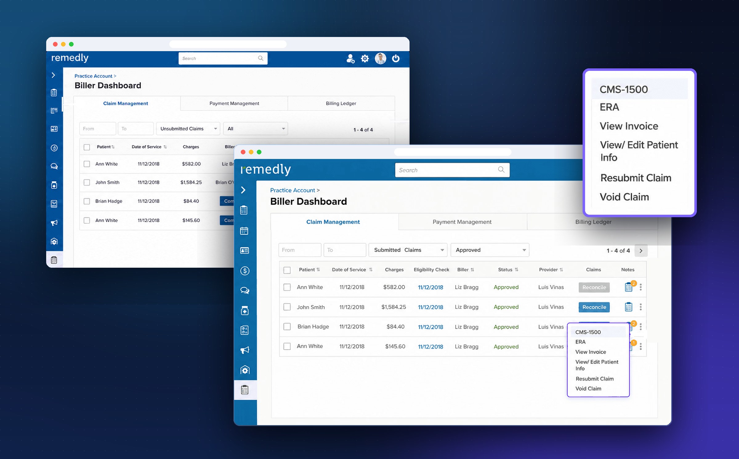 The redesigned Remedly Biller Dashboard: an unsubmitted-claims queue behind an approved-claims queue with the claim actions menu open, enlarged on the right